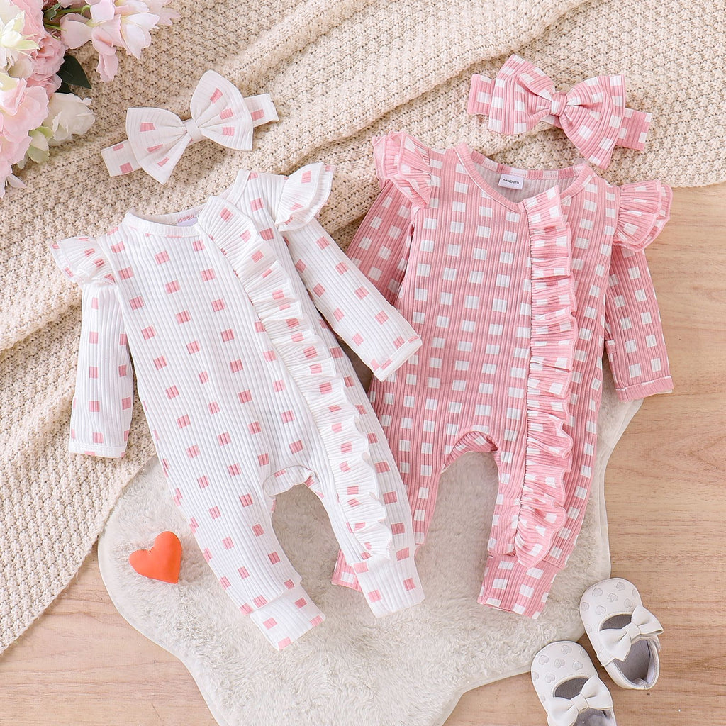 Cute Girl Baby Plaid Long-sleeved Romper