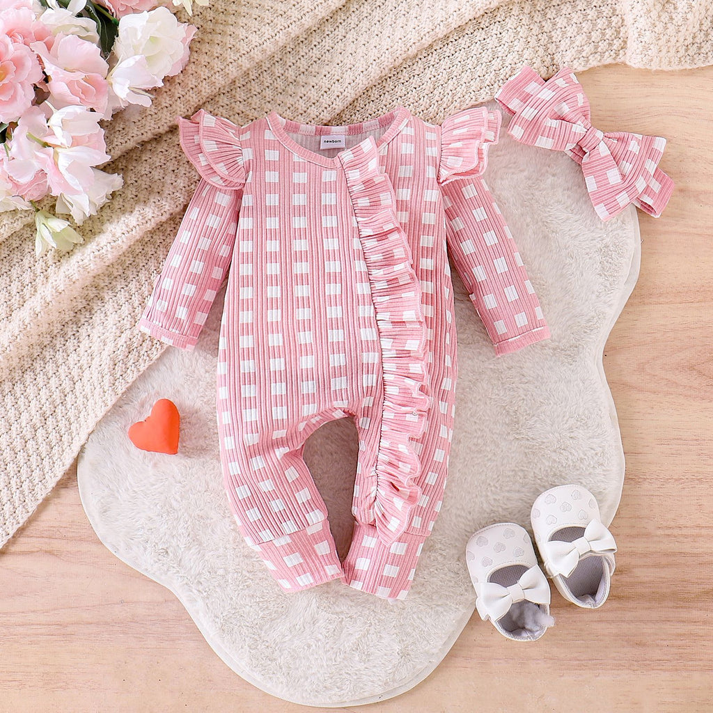 Cute Girl Baby Plaid Long-sleeved Romper