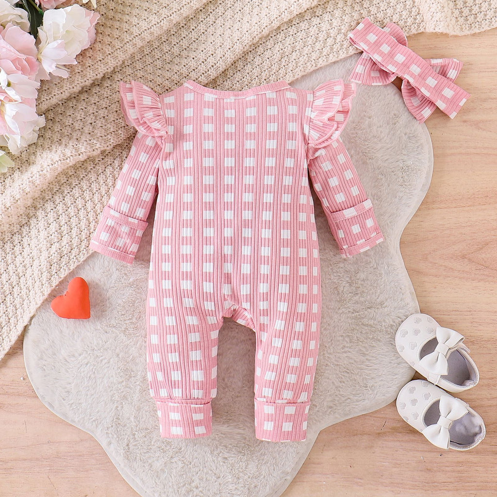 Cute Girl Baby Plaid Long-sleeved Romper